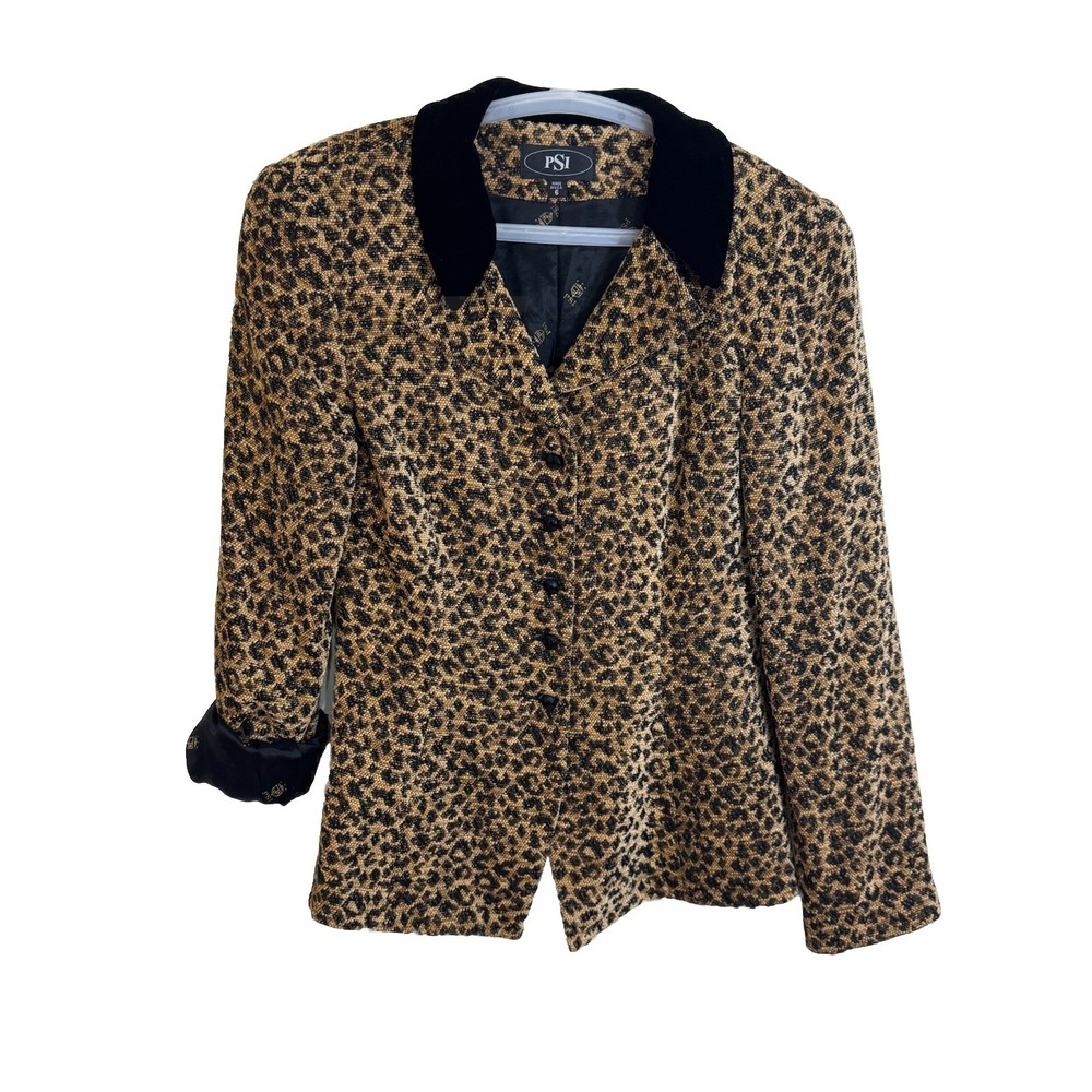 Vintage PSI Size 6 Leopard Blazer Lined Jacket Gold Black Velvet Collar